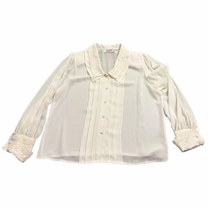 80s Vintage Josephine Pleated Embroidered Button Blouse (Ivory) Size 14